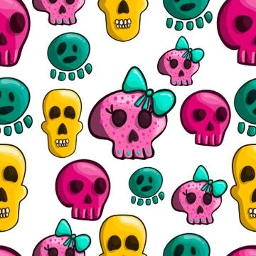 Seamless pattern with cartoon skulls Stock Illustration