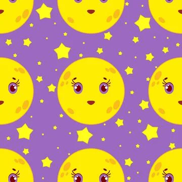 Seamless pattern of cartoon smiling moon with stars on purple background Stock Illustration