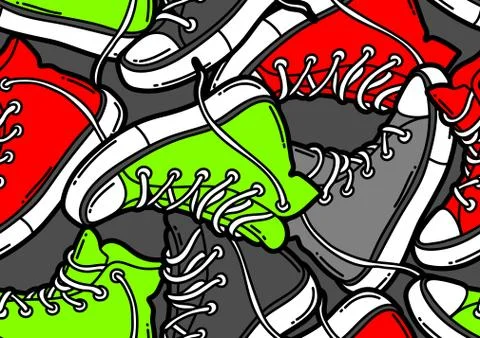 Seamless pattern with cartoon sneakers. Illustrazione stock