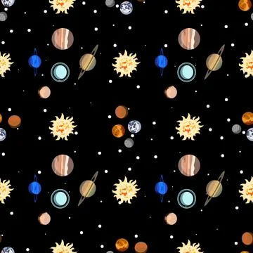 Seamless pattern Cartoon solar system planets. Astronomical observatory small Stock Illustration