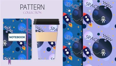 Seamless pattern of cartoon space in blue and purple tones. Planets, stars, a Stockillustratie