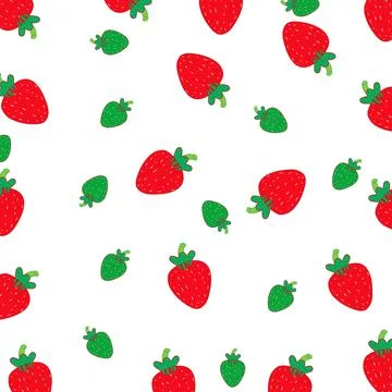 Seamless pattern with cartoon strawberries and red, green,leaf , ripe fruit o Illustrazione stock