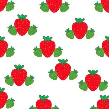 Seamless pattern with cartoon strawberries and red, green,leaf , ripe fruit o Stock Illustration