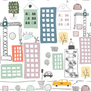 Seamless pattern with cartoon street. Vector illustration. Stock Illustration