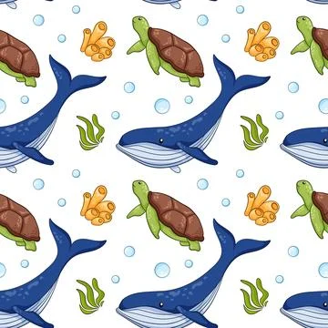 Seamless pattern in cartoon style with blue whale and turtle, corals, seaweeds イラスト素材