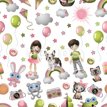 Seamless pattern in the cartoon style with children, toys, pets, sweets, ice Stock Illustration