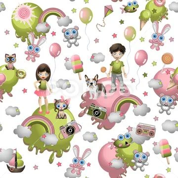 Seamless pattern in the cartoon style with children, toys, pets, sweets, ice Stock Illustration