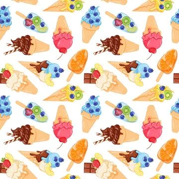 Seamless pattern of cartoon style ice cream and frozen desserts with fruits on a Illustrazione stock