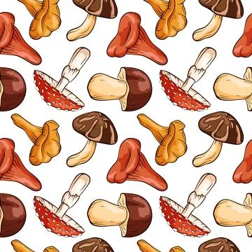 Seamless pattern of cartoon style mushroom fly agaric, Boletus, Chanterelle Stock Illustration