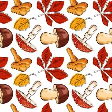 Seamless pattern of cartoon style mushroom fly agaric, Boletus, Chanterelle and Stock Illustration