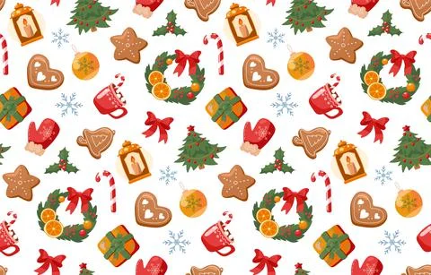 Seamless pattern in cartoon style, New Year. Isolated over white background Stock Illustration