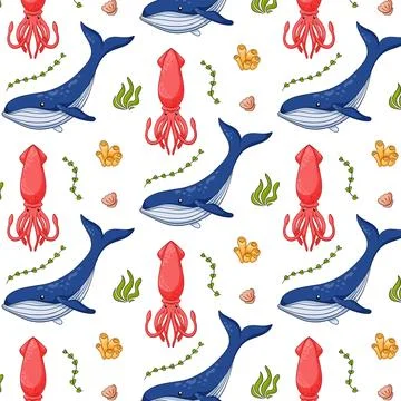 Seamless pattern in cartoon style with sea and ocean animals, corals, seaweeds Illustrazione stock