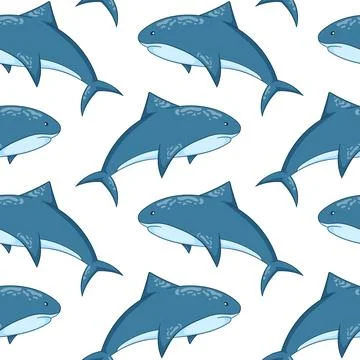 Seamless pattern of cartoon style shark swimming on a white background for Stock Illustration