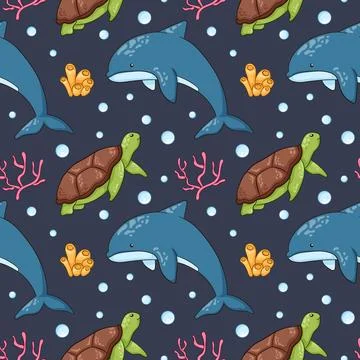 Seamless pattern of cartoon style underwater animal dolphin, turtle, coral and Stock Illustration