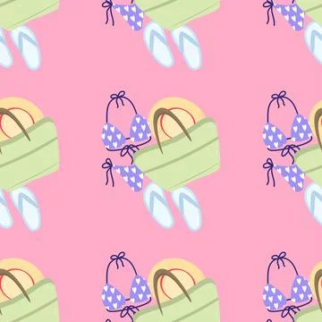 Seamless pattern Cartoon summer elements, travel, beach, summertime accessory Stock Illustration