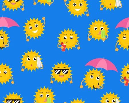 Seamless pattern of cartoon sun mascot in different pose on blue background Illustrazione stock