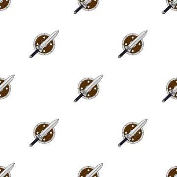 Seamless pattern with cartoon sword and shield on white background. Vector. Stock Illustration