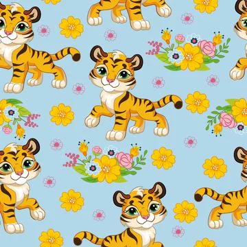 Seamless pattern with cartoon tigers and flowers blue Stock Illustration