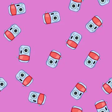 Seamless pattern Cartoon toy camera capturing travel and memories Stock Illustration