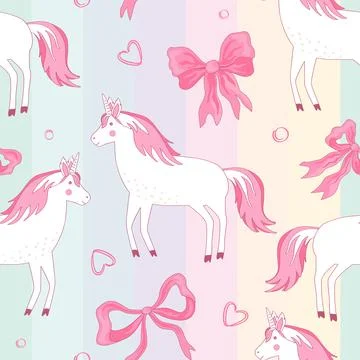 Seamless pattern with cartoon unicorns and pink ribbon bows on rainbow backgr Stock Illustration