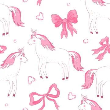 Seamless pattern with cartoon unicorns and pink ribbon bows on white backgr.. Stock Illustration