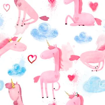 Seamless Pattern with Cartoon Unicorns Stock Illustration