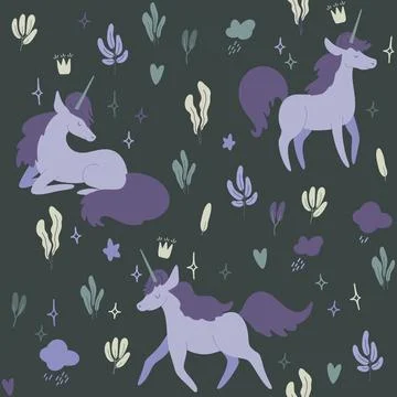 Seamless pattern cartoon unicorns. Textile, print Stock Illustration