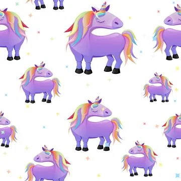 Seamless pattern with cartoon unicorns, white background with stars for wal.. Stock Illustration