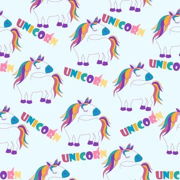 Seamless pattern with cartoon unicorns, white background with lettering for w Stock Illustration