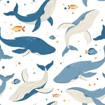 Seamless pattern with cartoon whale. Background with sea animal in flat sty.. イラスト素材