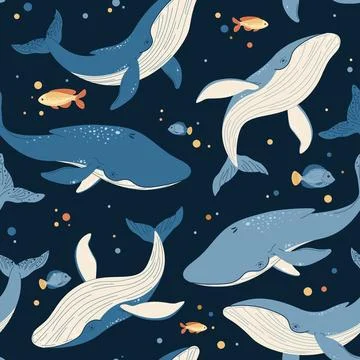 Seamless pattern with cartoon whale. Background with sea animal in flat sty.. Illustrazione stock