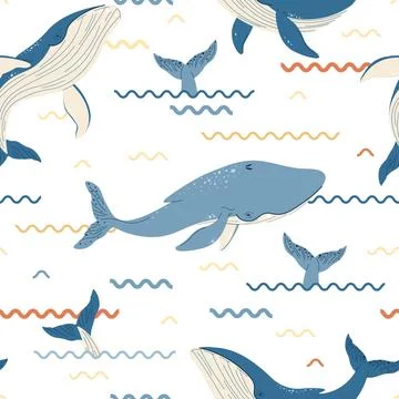 Seamless pattern with cartoon whale. Background with sea animal in flat sty.. イラスト素材