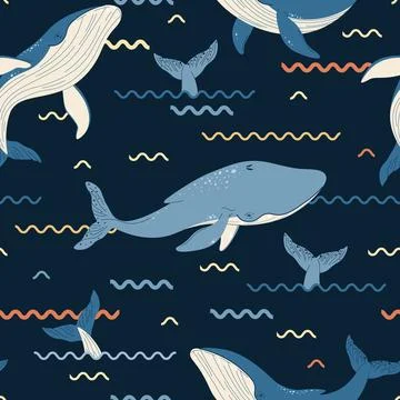Seamless pattern with cartoon whale. Background with sea animal in flat sty.. Stockillustratie