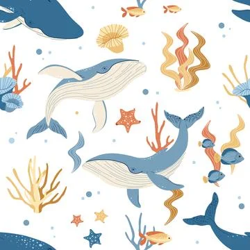 Seamless pattern with cartoon whale. Background with sea animal in flat sty.. Illustrazione stock