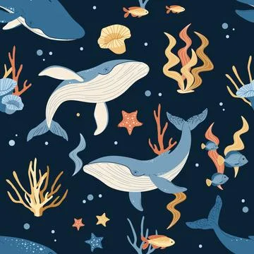 Seamless pattern with cartoon whale. Background with sea animal in flat sty.. Illustrazione stock