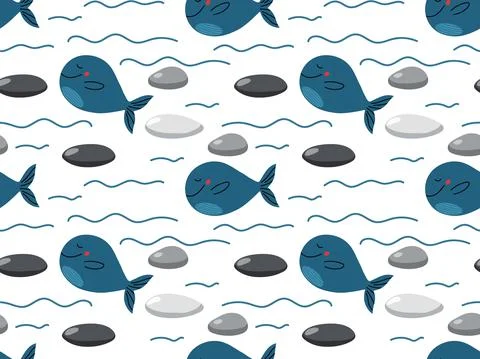 Seamless pattern with Cartoon whale. Hand drawn flat style vector illustration イラスト素材