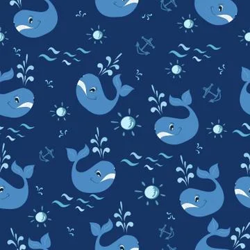 Seamless pattern with cartoon whale Stock Illustration