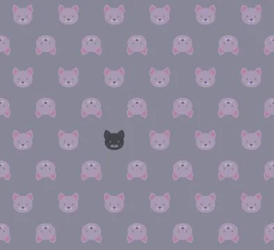 Seamless pattern - cartoon white pink kittens and black cat on pink background - Stock Illustration
