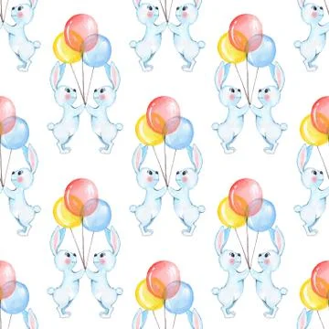 Seamless pattern with cartoon white rabbits and balloons 6 Stock Illustration