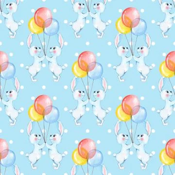 Seamless pattern with cartoon white rabbits and balloons 7 Stock Illustration