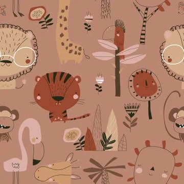 Seamless pattern with cartoon wild animals on brown background Stock Illustration