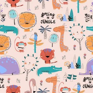 Seamless pattern with cartoon wild animals on pink background Stock Illustration
