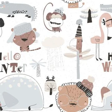Seamless pattern with cartoon wild animals meeting winter in jungle Stockillustratie
