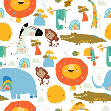 Seamless Pattern with Cartoon Wild Animals on White Background イラスト素材