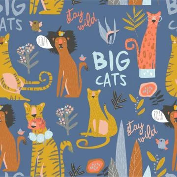 Seamless pattern of cartoon wild cats. Lion,tiger,leopard with exotic flowers Stock Illustration