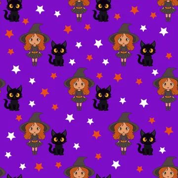 Seamless pattern with cartoon witches, black cats and stars. Stock Illustration