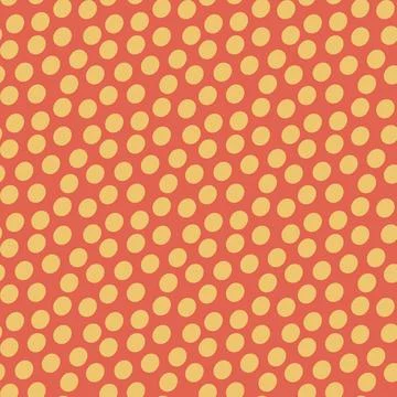 Seamless pattern with cartoon yellow dots on a red background. Hand drawn tre Stock Illustration