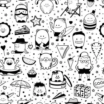 Seamless pattern with cartoonish funny monsters Stock Illustration