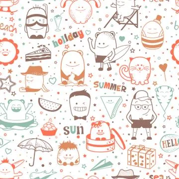 Seamless pattern with cartoonish funny monsters Stock Illustration