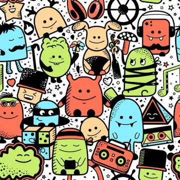 Seamless pattern, cartoonish monsters, characters Stock Illustration
